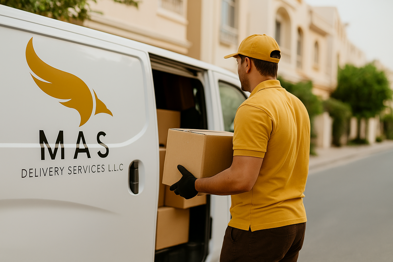 Professional delivery team with vehicle